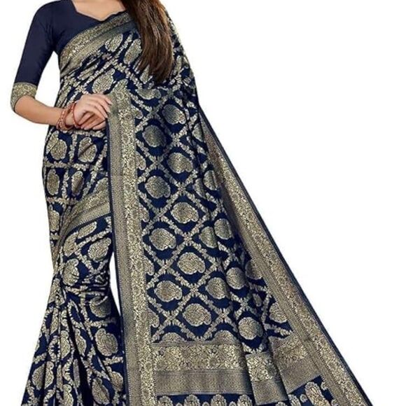 Women's Kanjivaram Pure Banarsi Silk Saree With Blouse Piece Golden Zari NWT - Picture 8 of 12